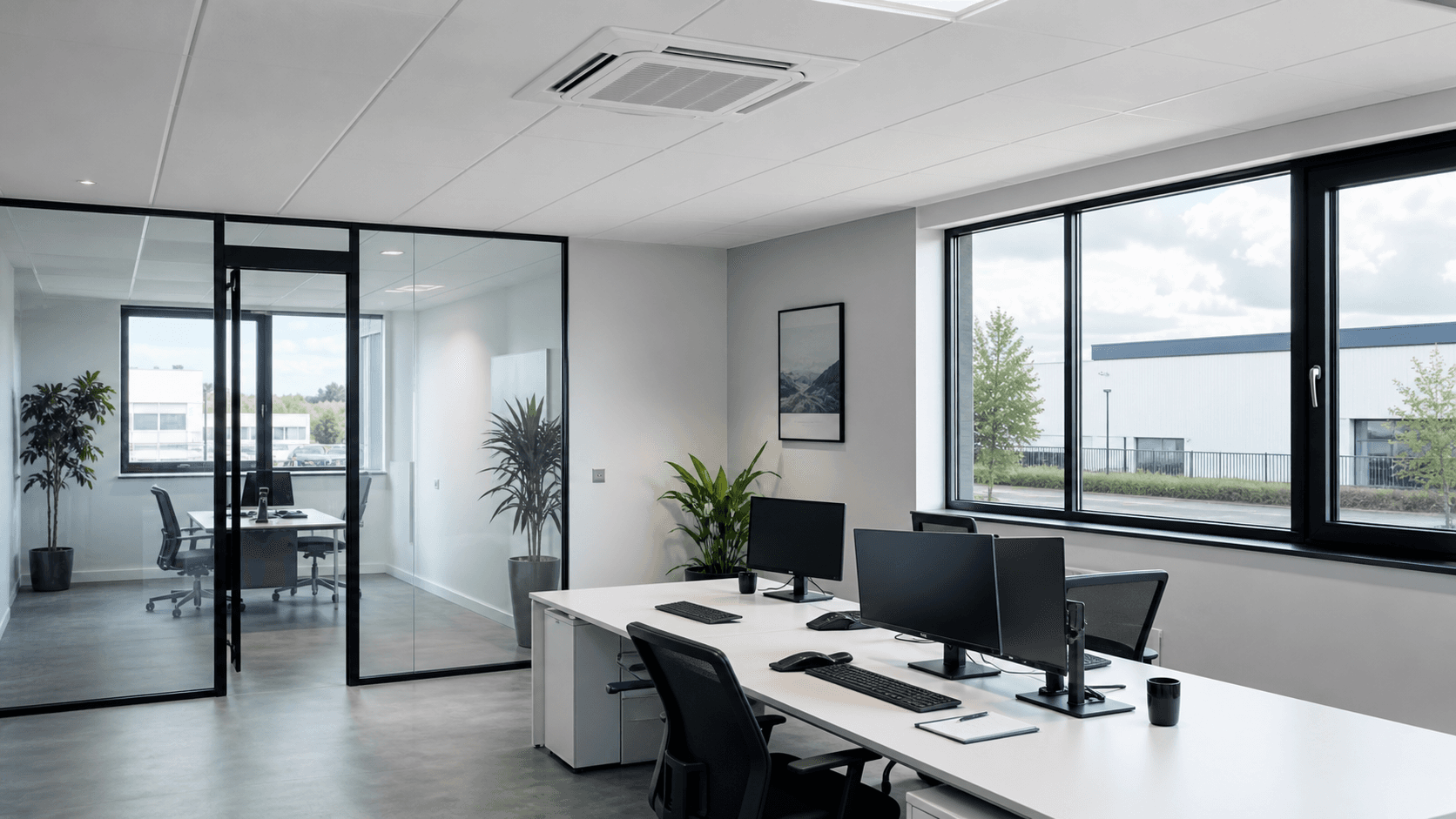 Compact zakelijk kantoor met cassette-airconditioning in het plafond