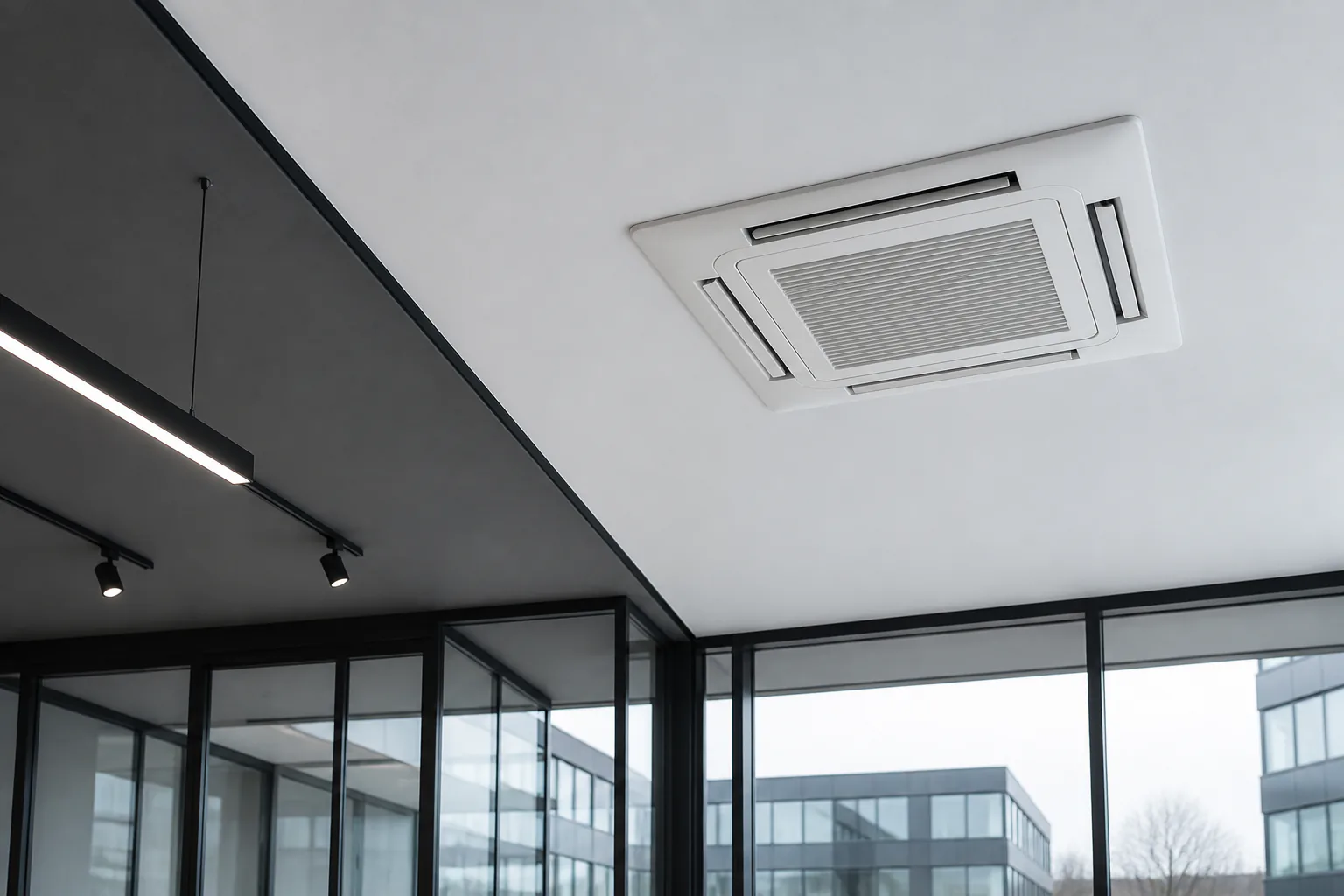 Ceiling cassette air conditioning integrated into a modern commercial interior