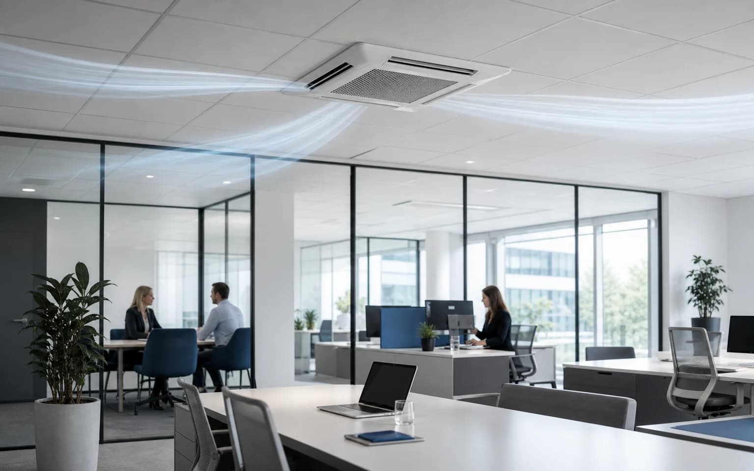 Ceiling cassette air conditioning distributing air along the ceiling in a modern office