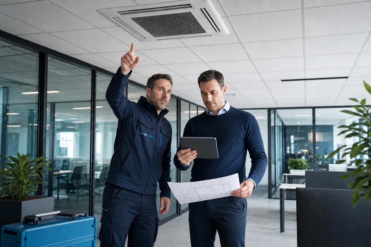 airco@business engineer discussing a ceiling cassette unit with a facilities manager in a modern office