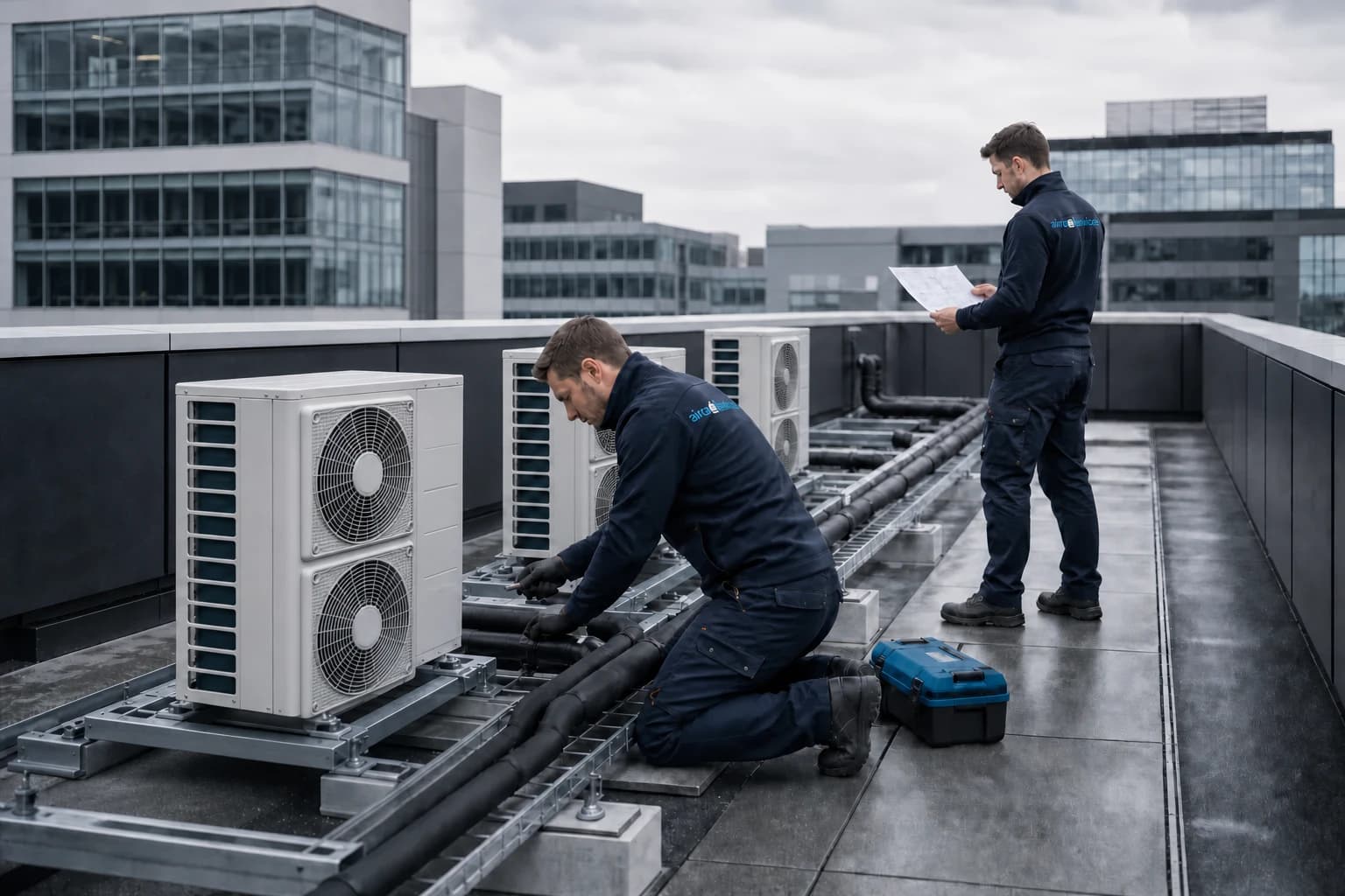 Engineers installing smaller commercial outdoor units on the roof of a modern office building