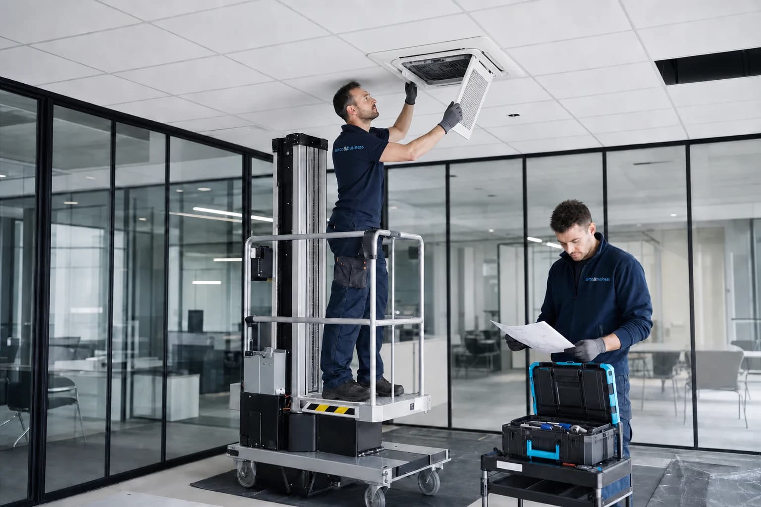 Engineers installing a ceiling cassette unit in a commercial office
