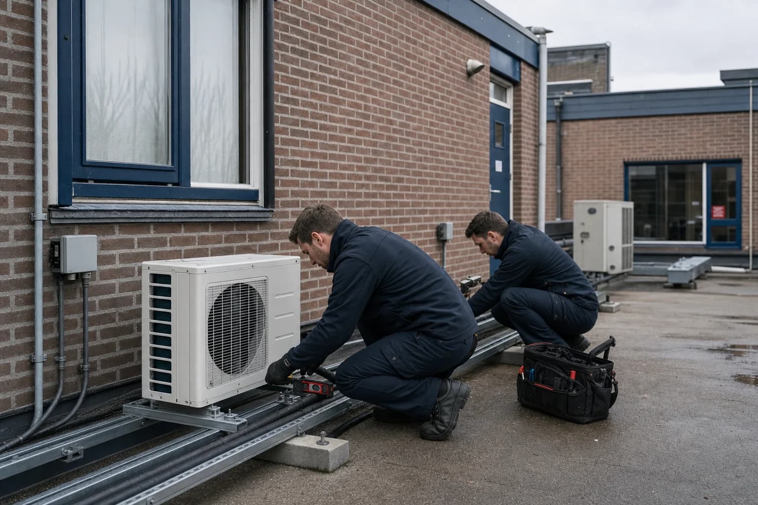 Engineers installing a compact commercial outdoor unit at an older small commercial building