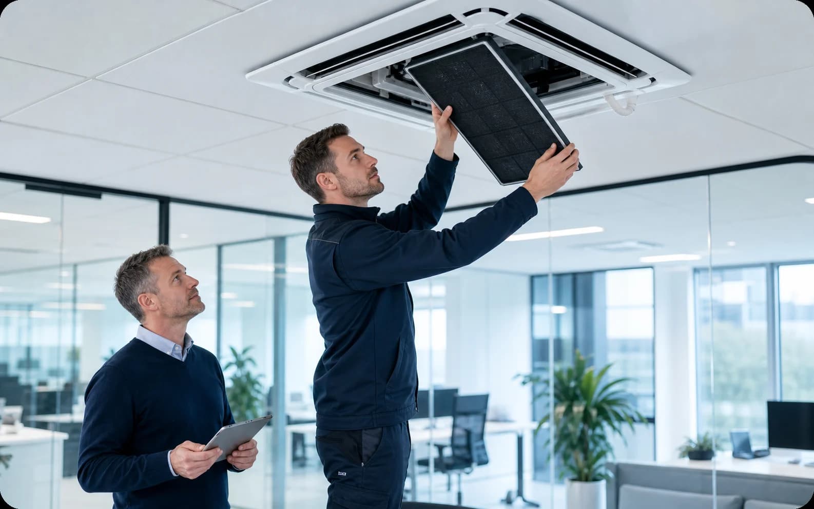 Service engineer reinstalling a clean air filter in a commercial ceiling cassette unit