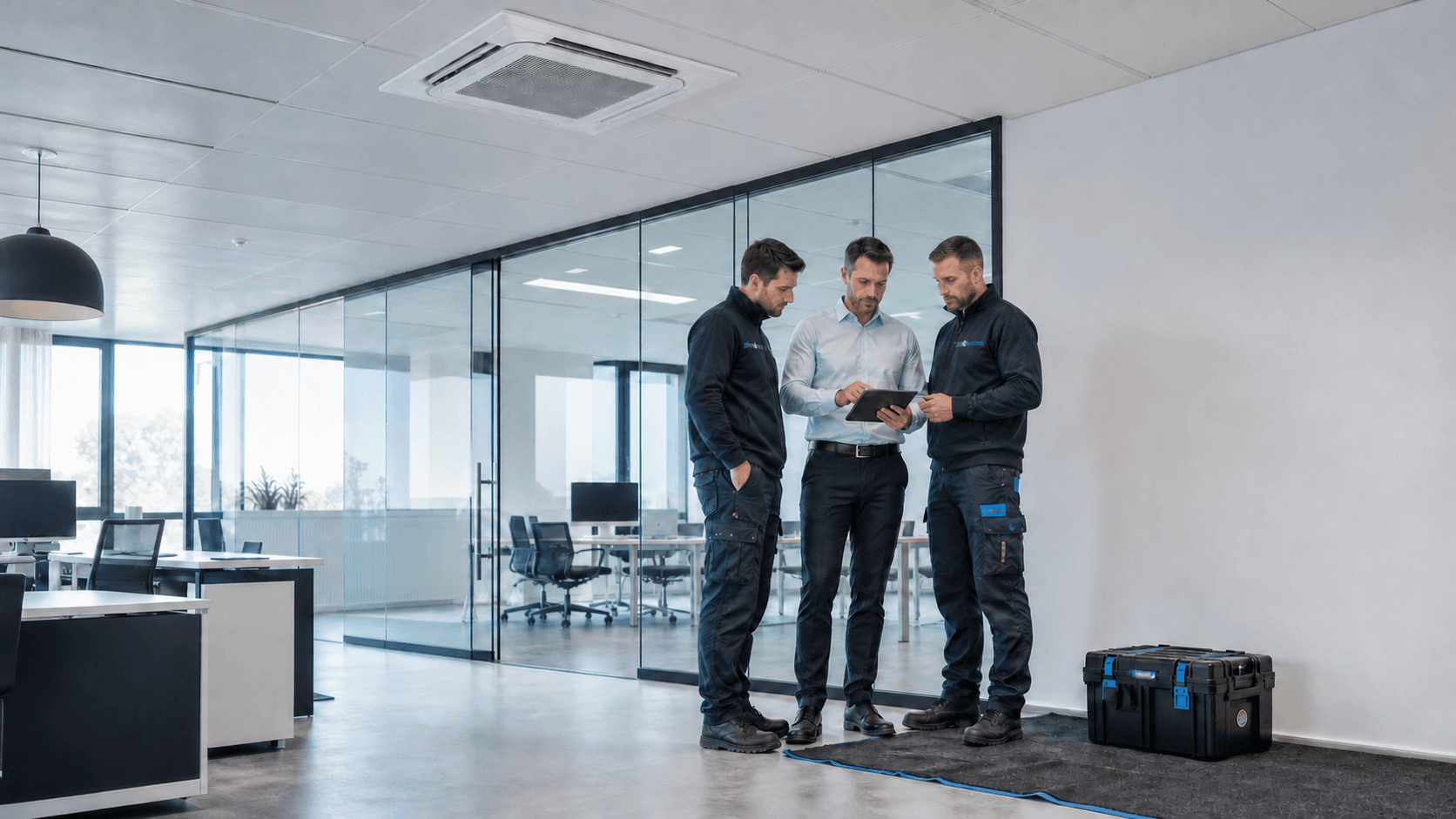 Certified installers wearing the Airco@Business logo discuss a neat commercial air conditioning handover