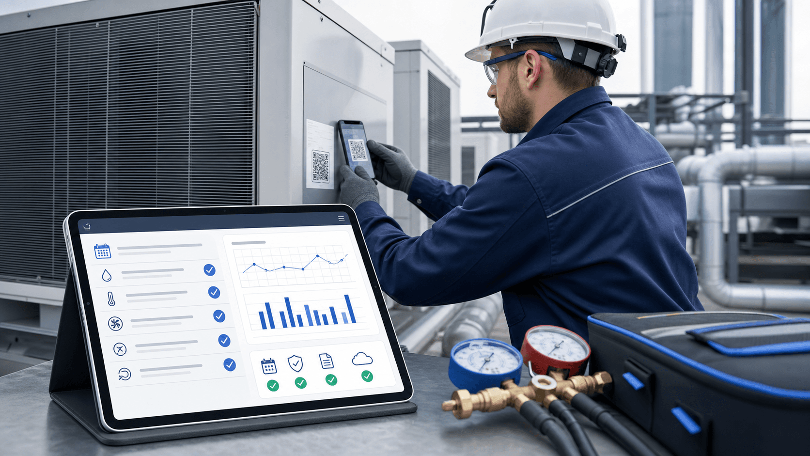Service engineer processing an F-gas inspection in a digital logbook