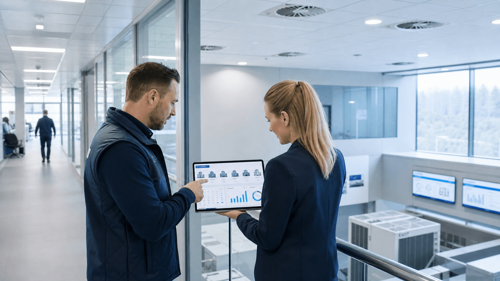 Facilities manager and service advisor reviewing reporting for multiple commercial properties