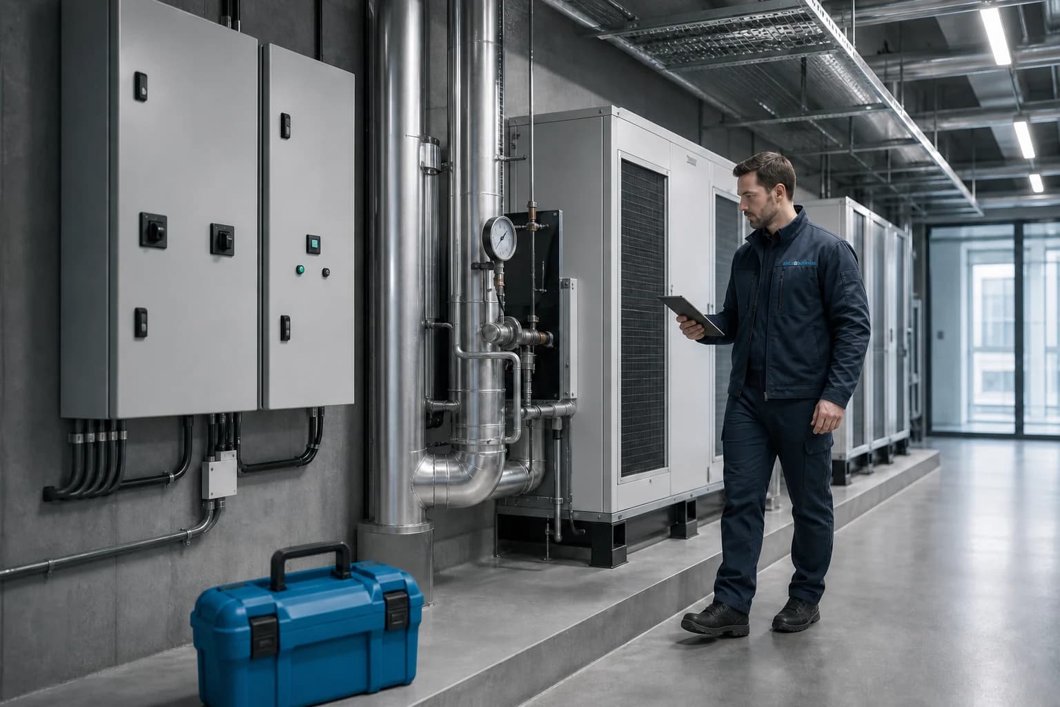 Service engineer recording a scheduled inspection in a commercial plant room