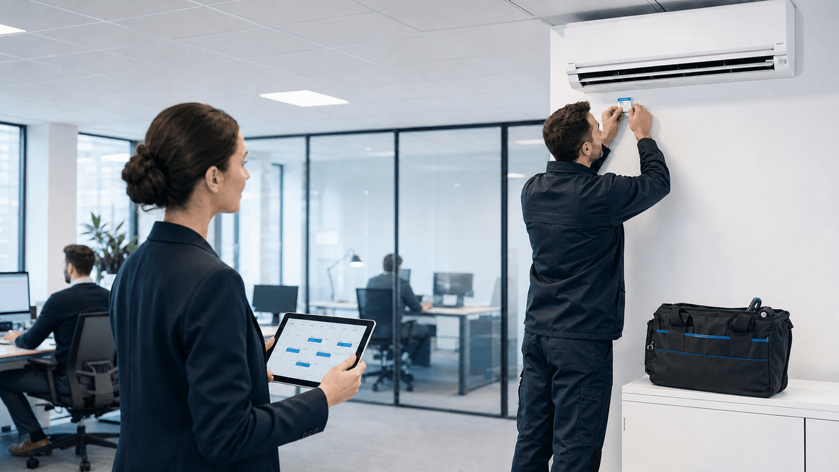 Service engineer marks scheduled air conditioning maintenance in an SME office