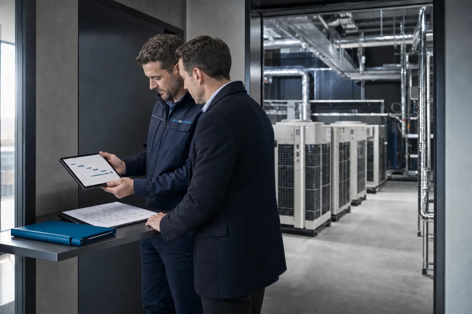 Facilities manager and service advisor planning commercial air conditioning maintenance