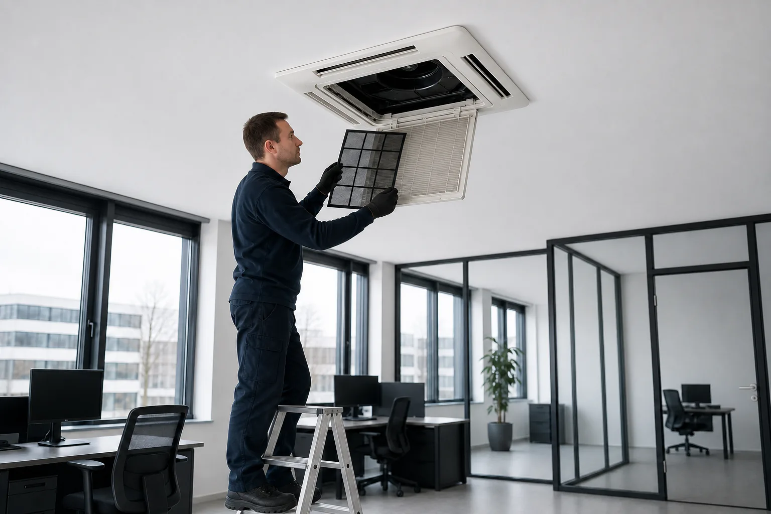 Service engineer inspecting an air filter during scheduled commercial maintenance