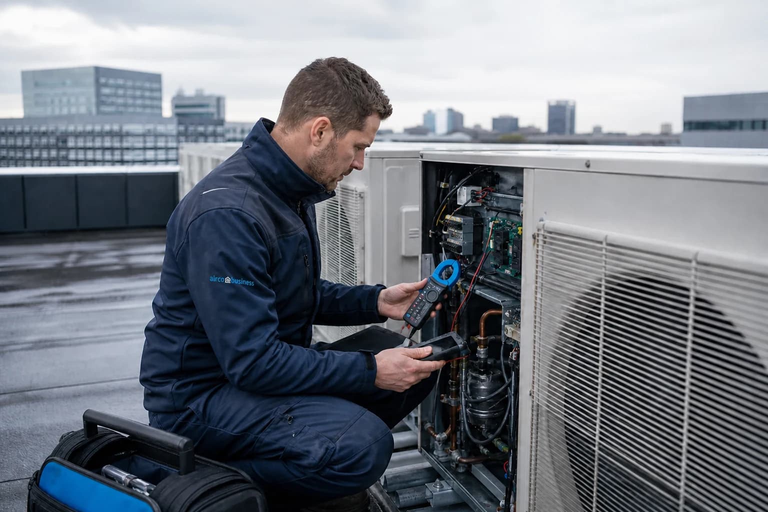 Service engineer inspecting a commercial outdoor unit on an office rooftop