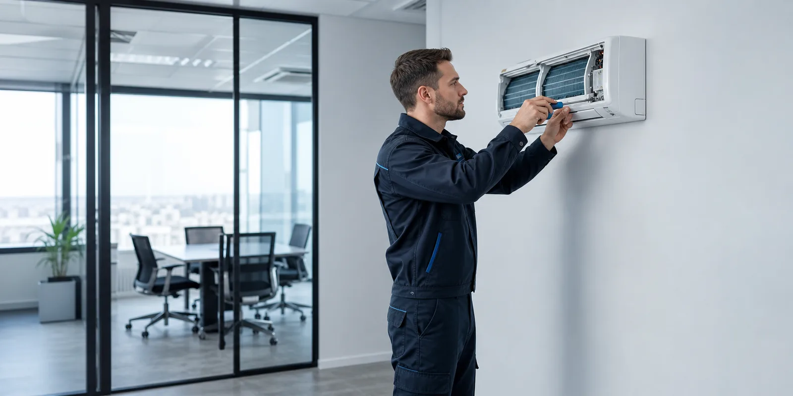 Service engineer maintaining a compact wall-mounted air conditioning unit in a commercial office