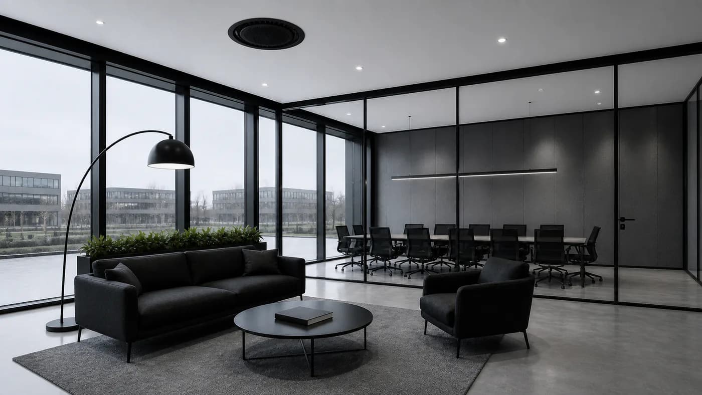 Modern meeting room with a black round 360 degree ceiling cassette