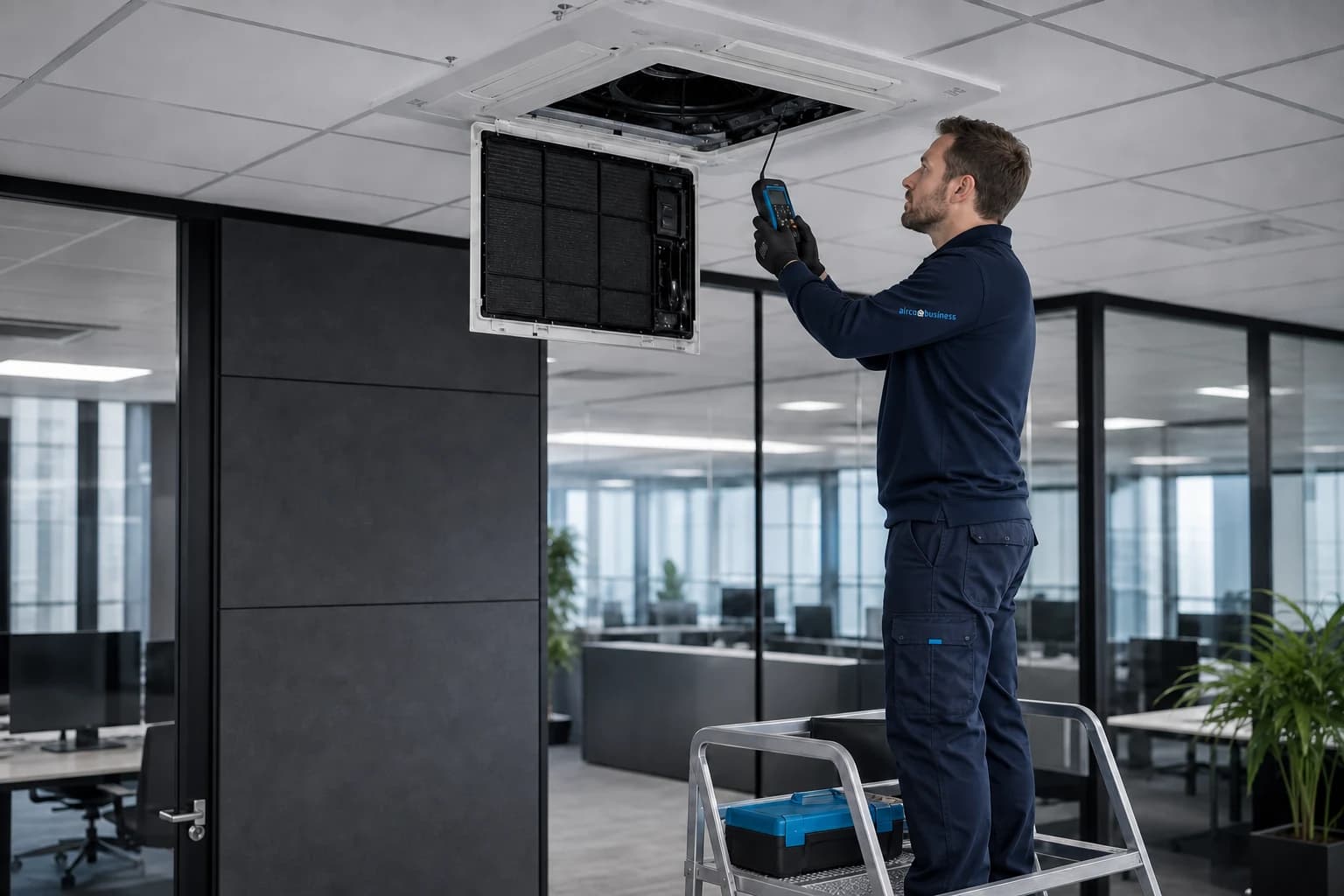 Service engineer diagnosing a ceiling cassette fault in a commercial office