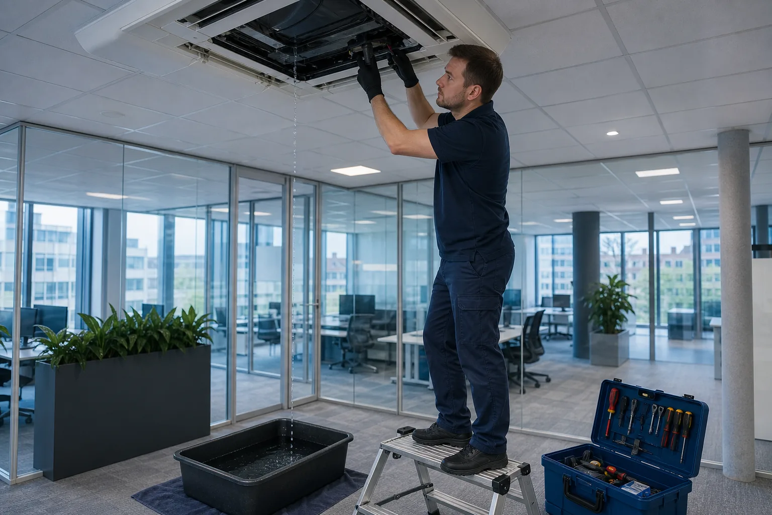 Monteur die een lekkende zakelijke airco repareert in een kantoor