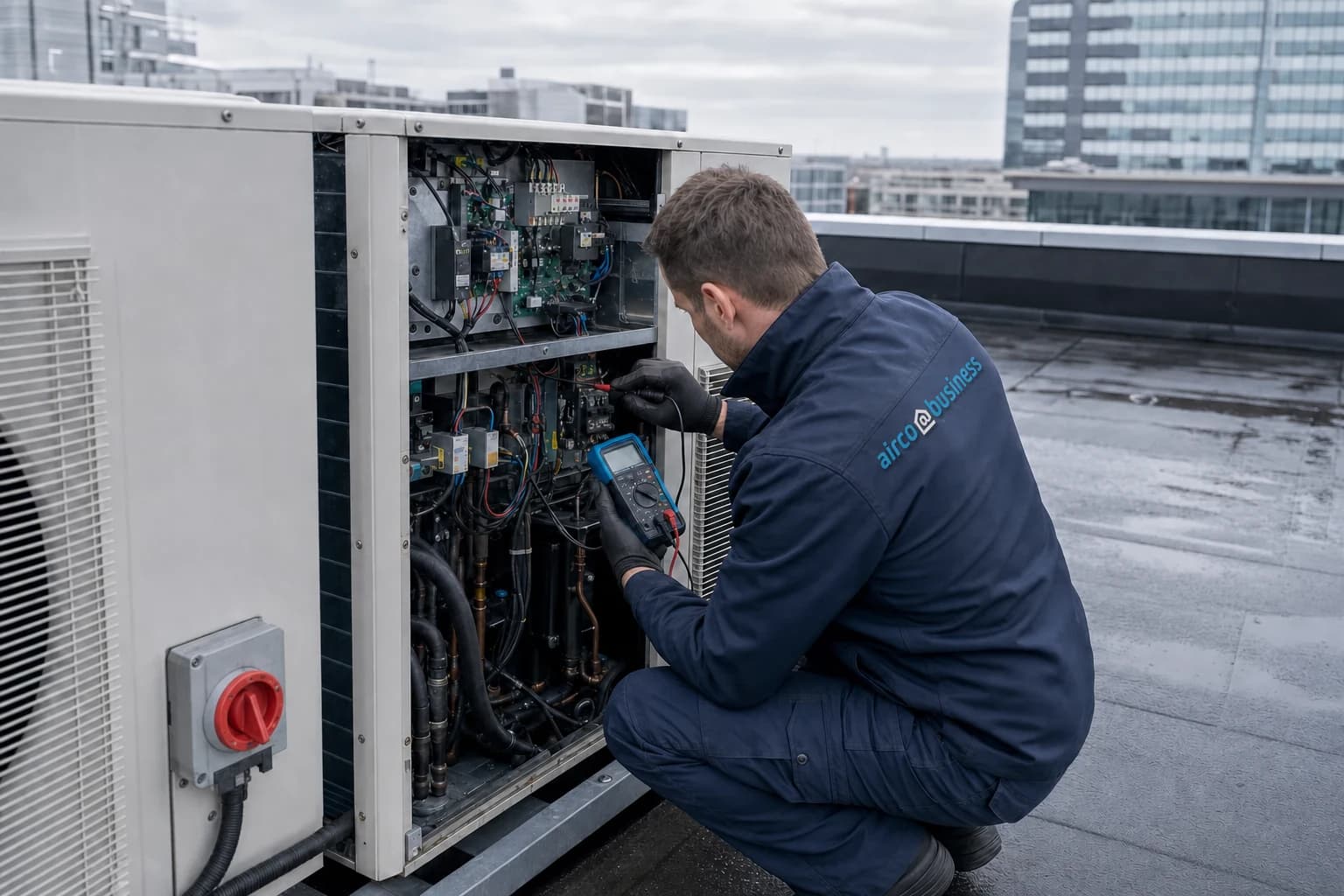 Service engineer inspecting the electronics of a commercial outdoor unit