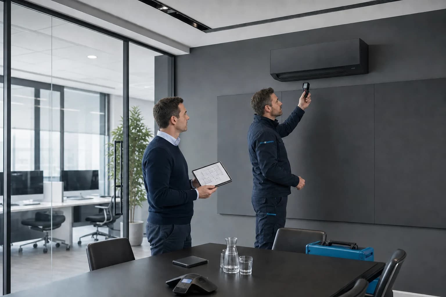 Air conditioning engineer checking a commercial wall-mounted unit while a facilities manager reviews the plan