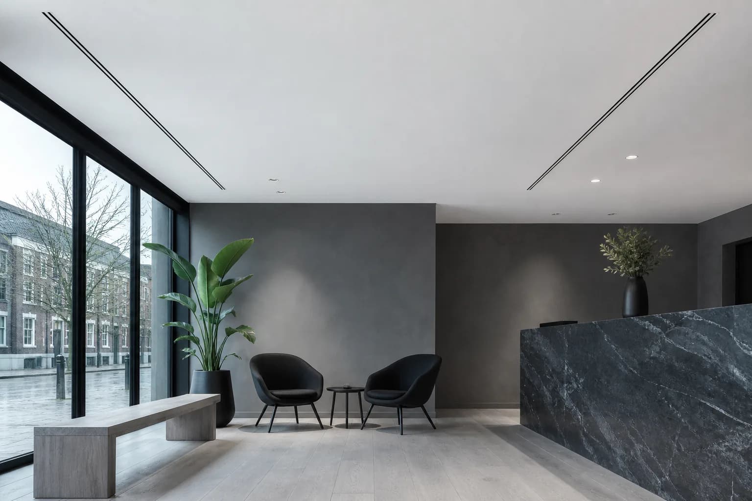 Design-led commercial interior with only ducted grilles in the ceiling