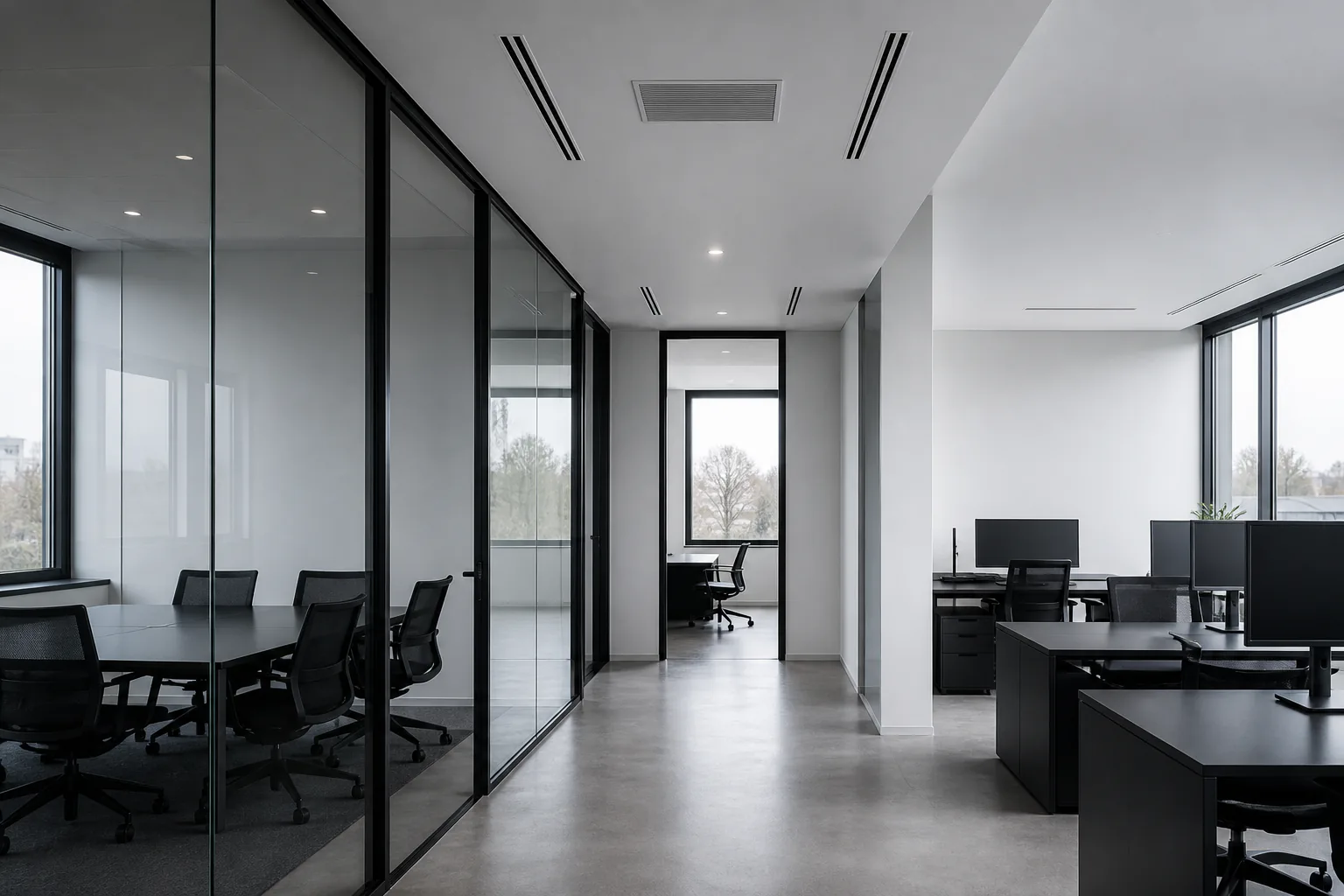 Ducted air conditioning grilles serving several commercial rooms from one concealed unit