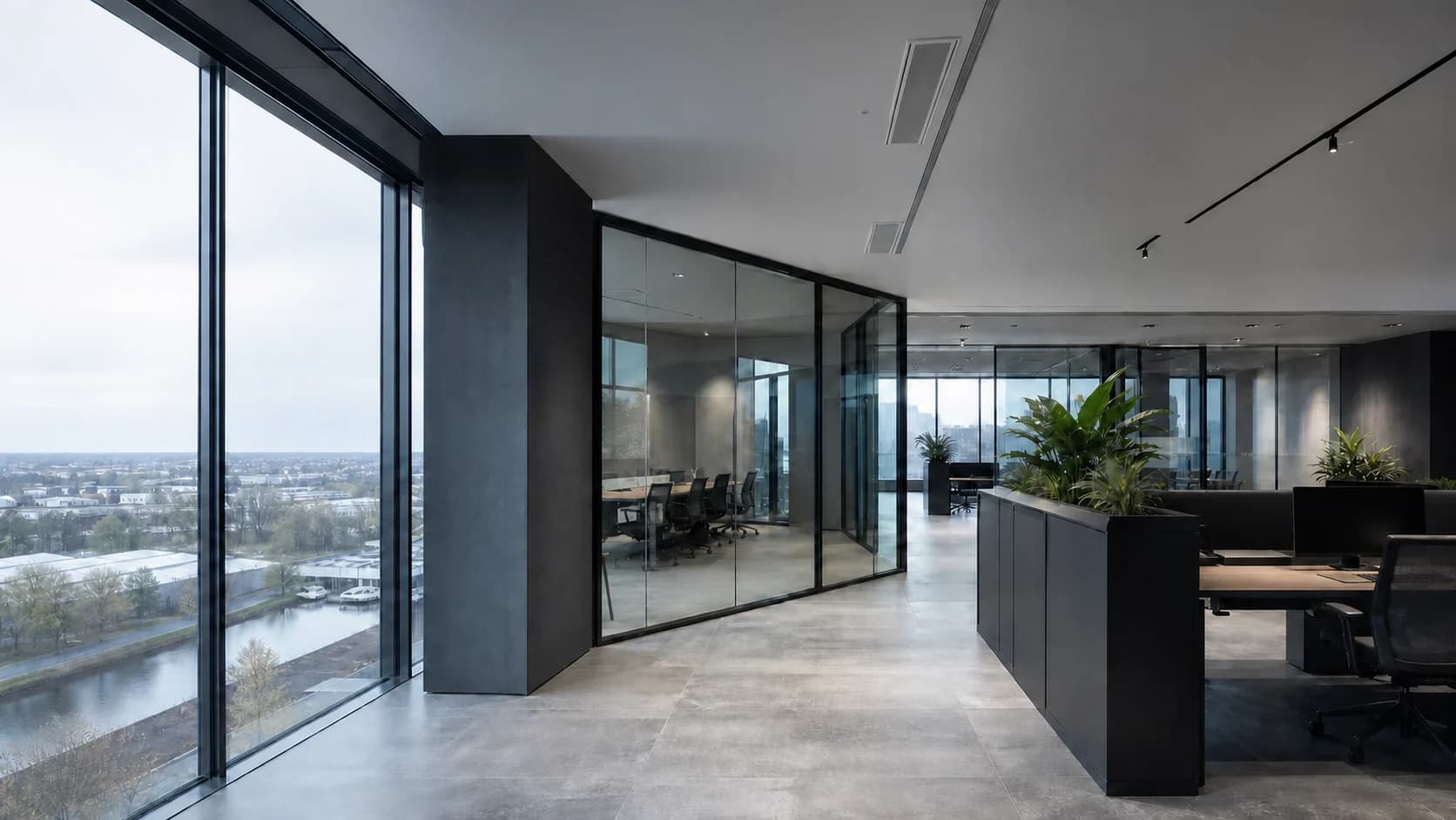 Modern office space with linear duct grilles in the ceiling