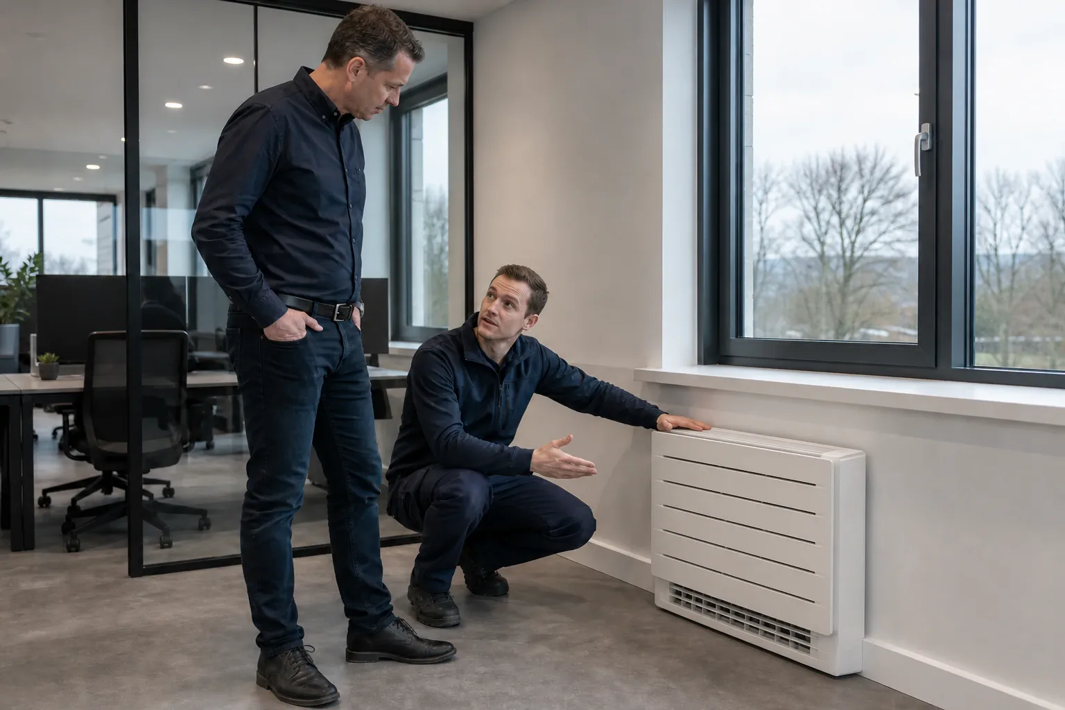 Engineer explaining a completed floor-standing air conditioning installation to the facilities manager