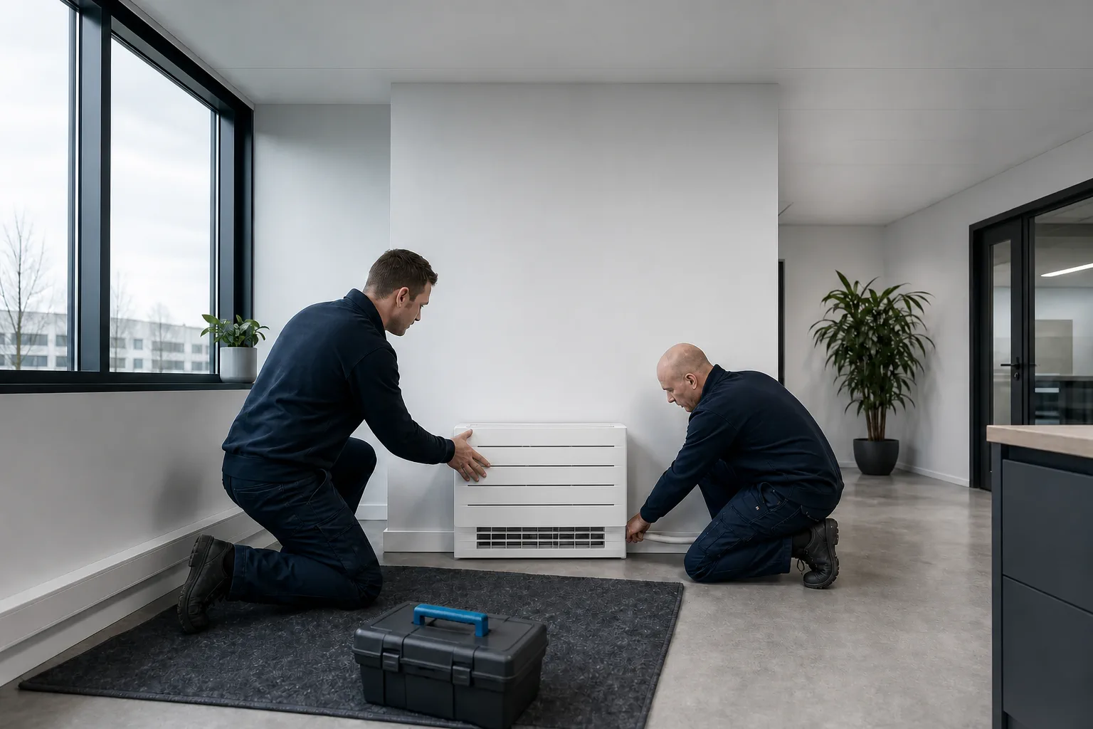 Engineers installing a floor-standing air conditioning unit at floor level without ceiling or wall work