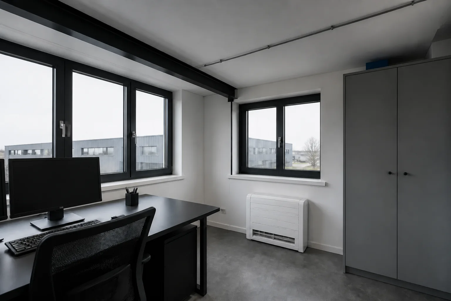 Floor-standing air conditioning unit in a commercial room with a low ceiling and limited wall space