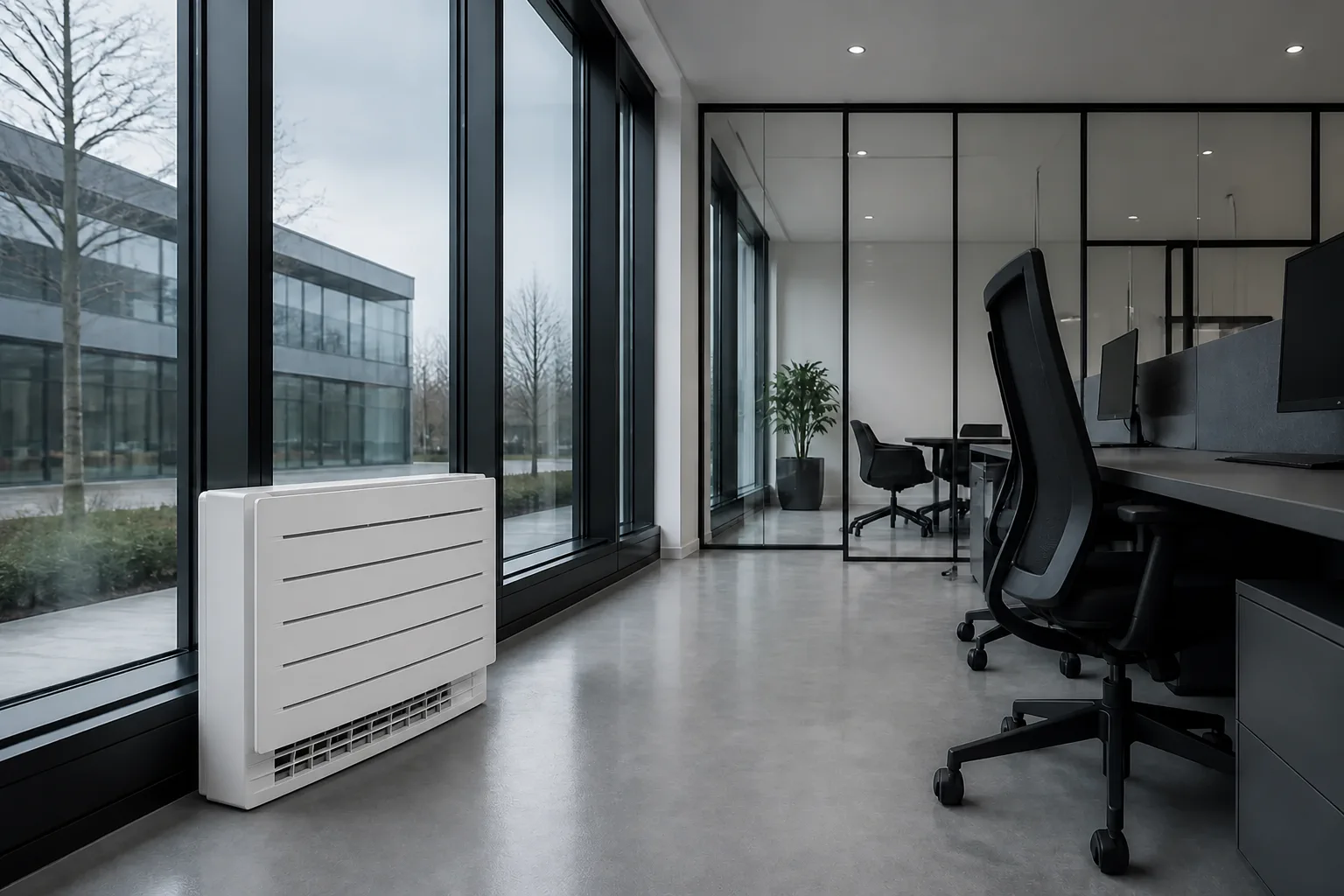 Floor-standing air conditioning unit beneath the glazing in a modern commercial office