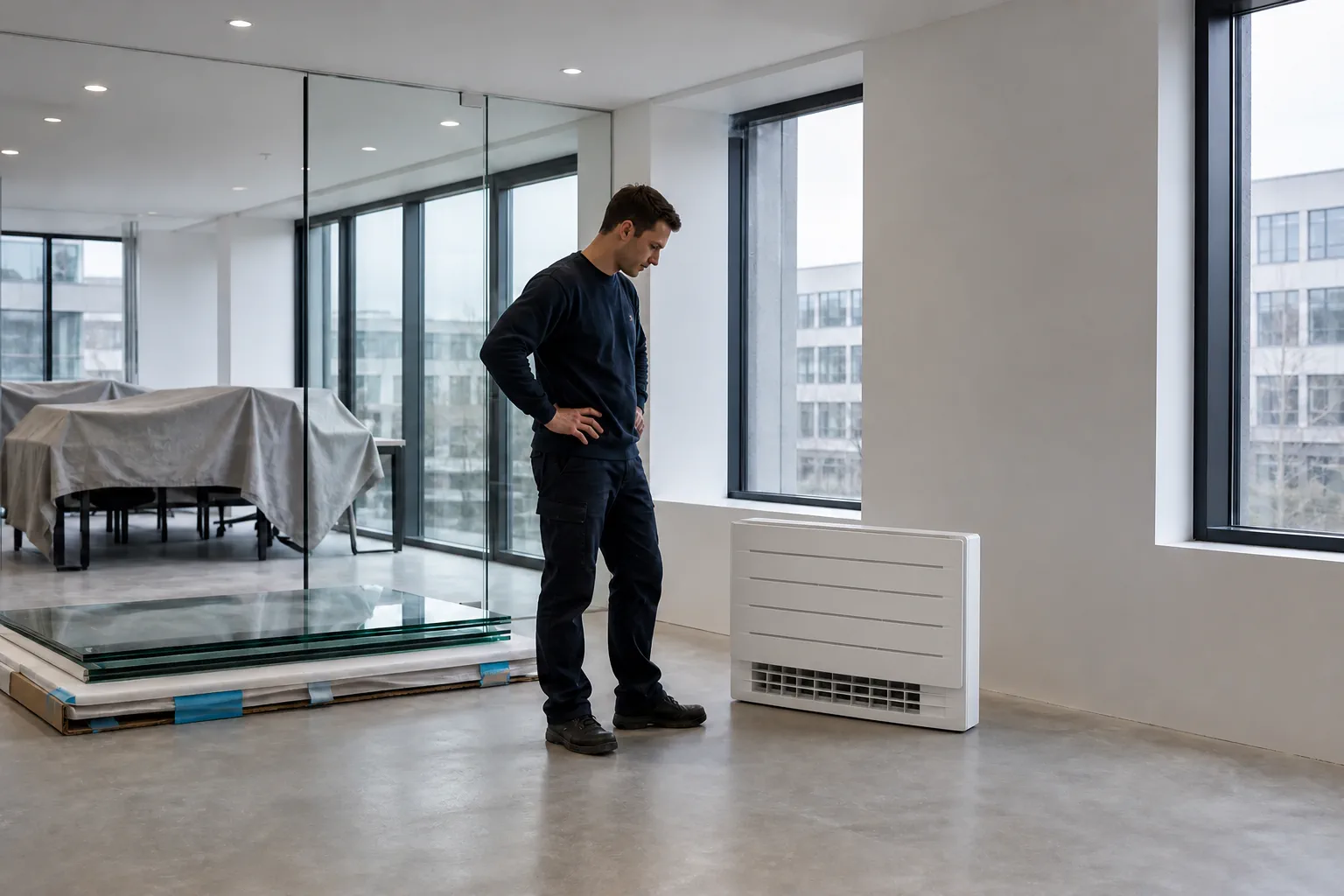 Floor-standing air conditioning unit standing free in an office during a refit