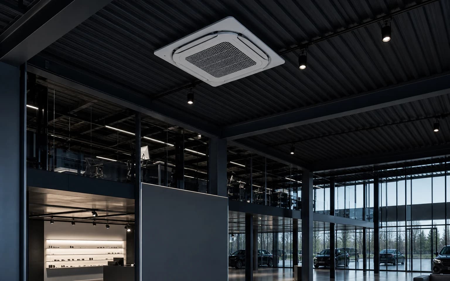 Witte cassette-airco in een zakelijke showroom