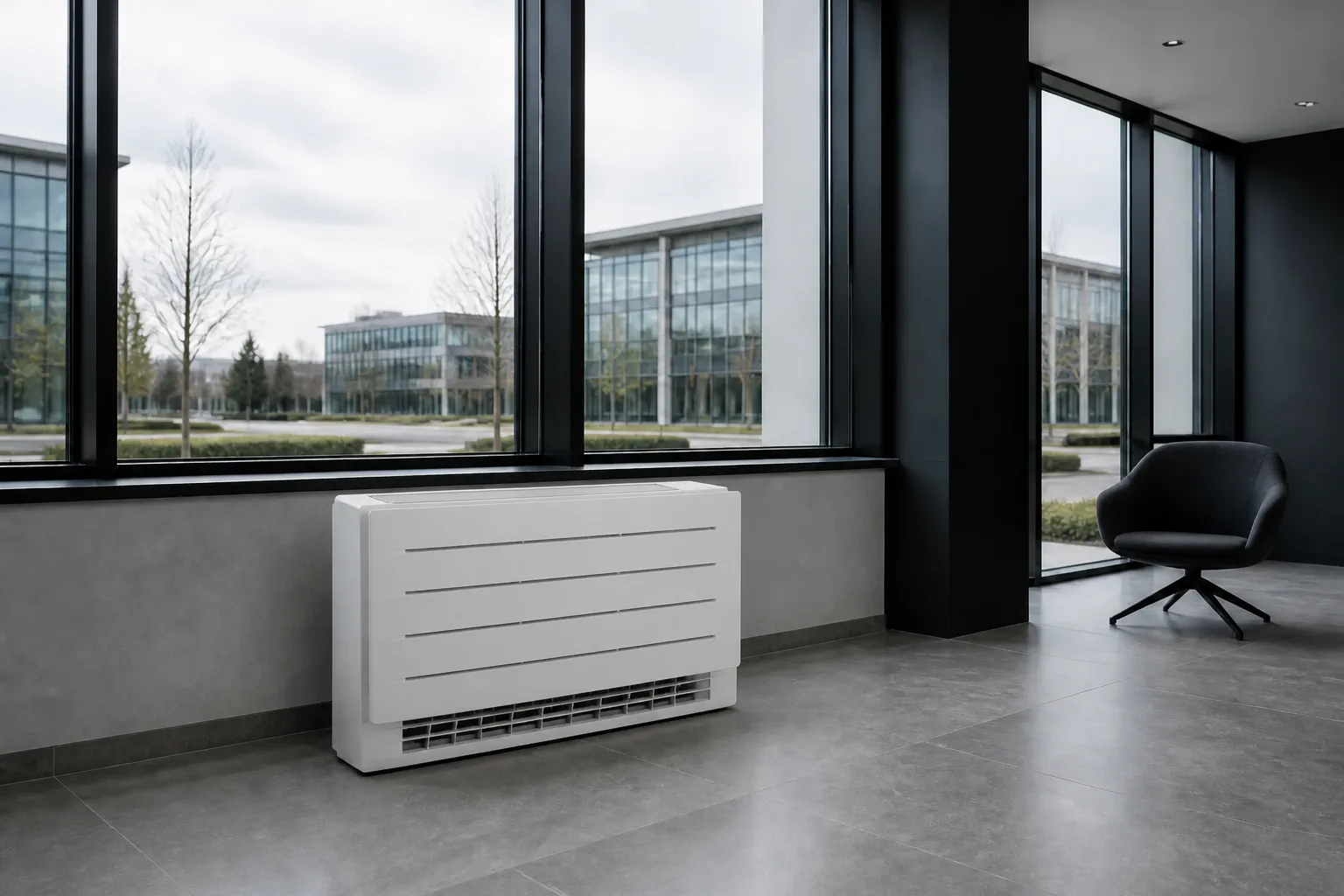 Vloermodel airco onder een glazen gevel in een zakelijke kantoorruimte