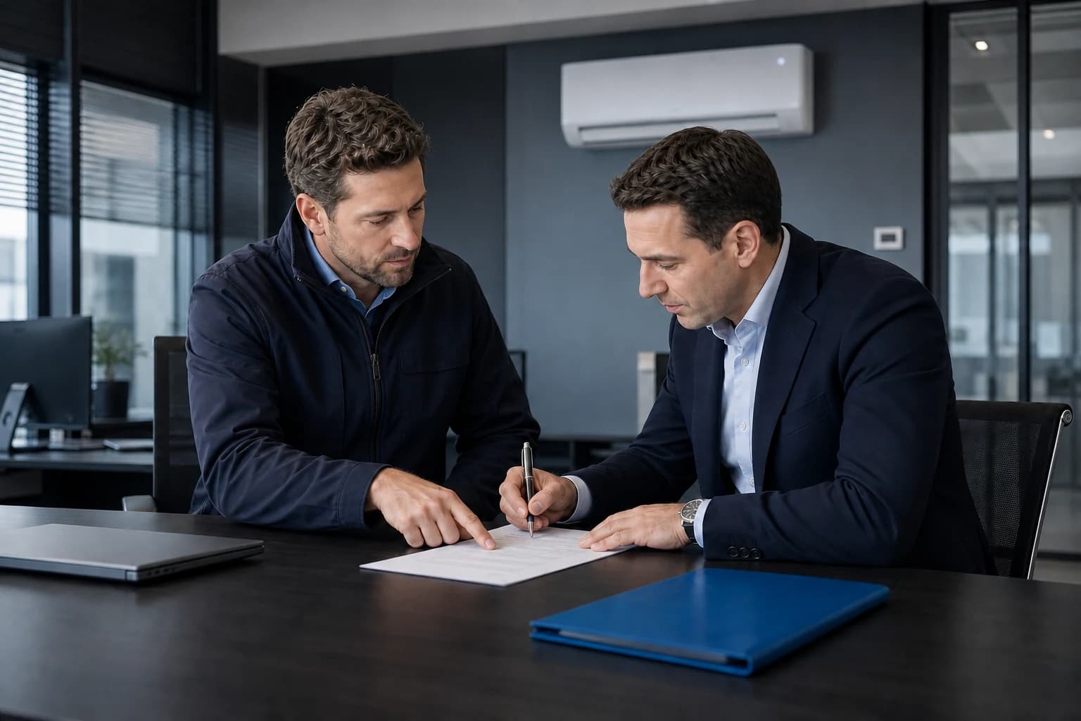 Adviseur en klant tekenen een zakelijk onderhoudscontract aan een kantoorbureau