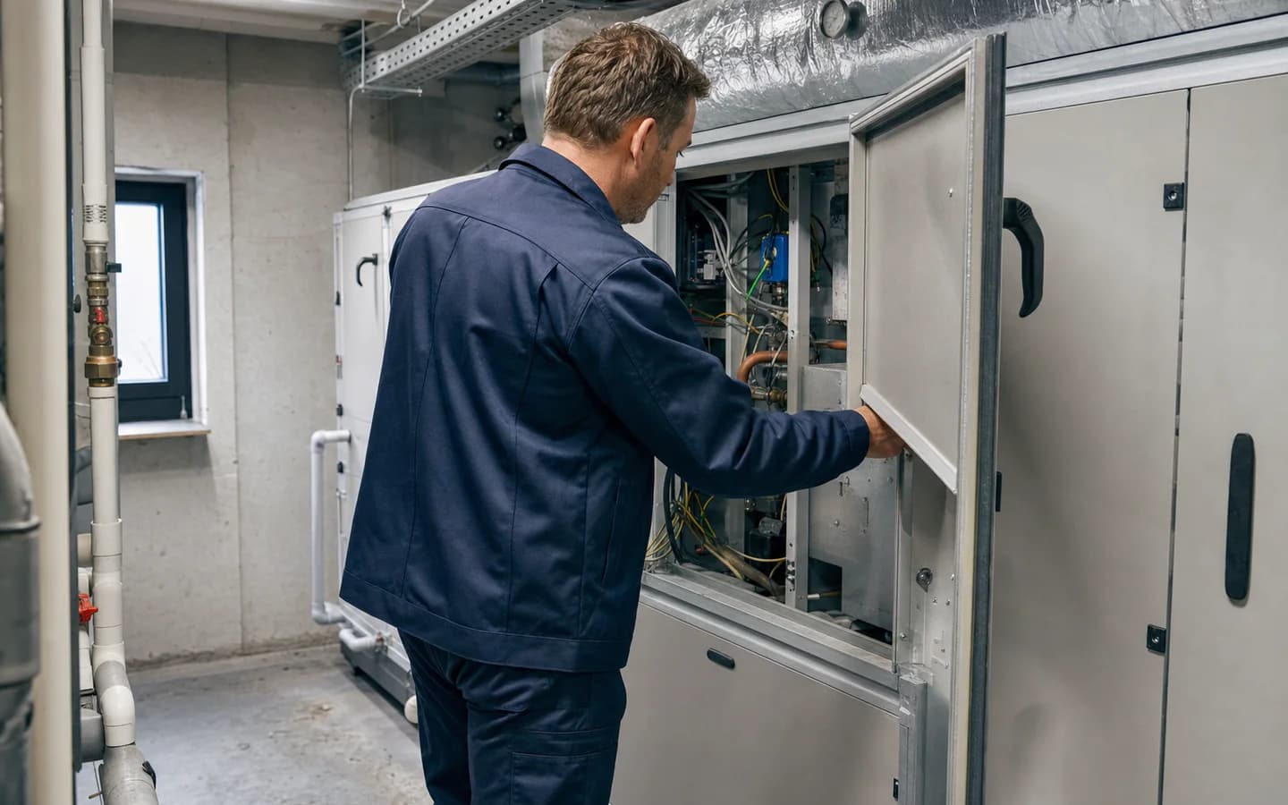 Servicemonteur inspecteert de installatie in een zakelijke technische ruimte