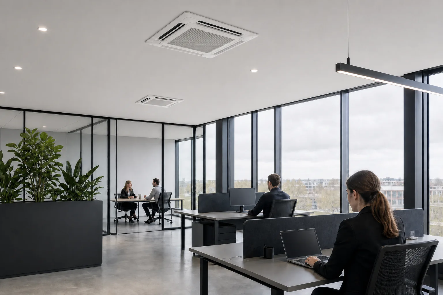 Medewerkers werken in een modern kantoor met discreet geïntegreerde klimaatinstallatie