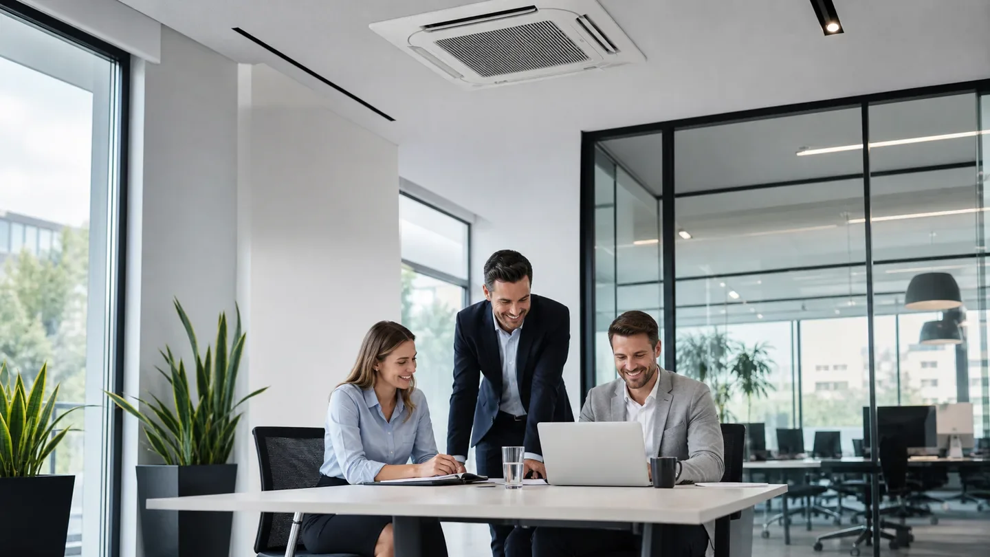 Satisfied colleagues working comfortably beneath commercial air conditioning