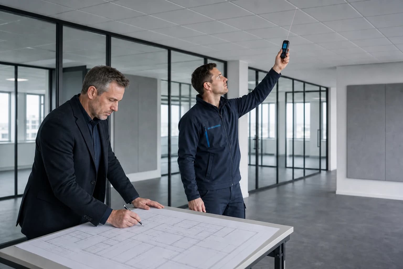 Climate advisor surveying a commercial space while the facilities manager reviews the floor plan