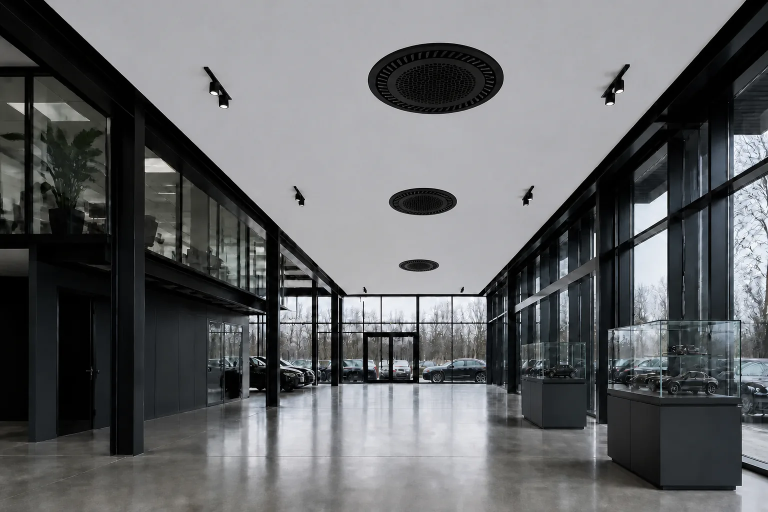 Architectural showroom with several black round 360 degree ceiling cassettes