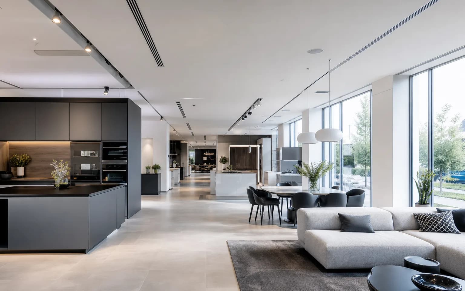 Kitchen and furniture showroom with discreetly integrated climate control