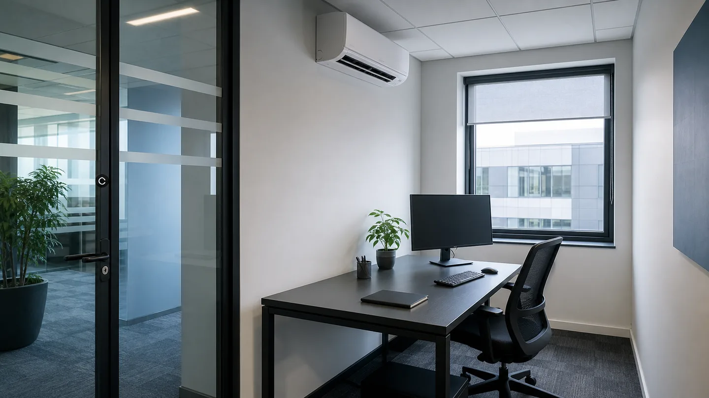 Compact commercial office room with discreet wall-mounted air conditioning