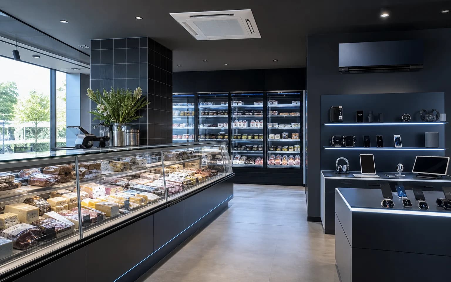 Specialist retail shop with refrigerated display, electronics and visible climate control