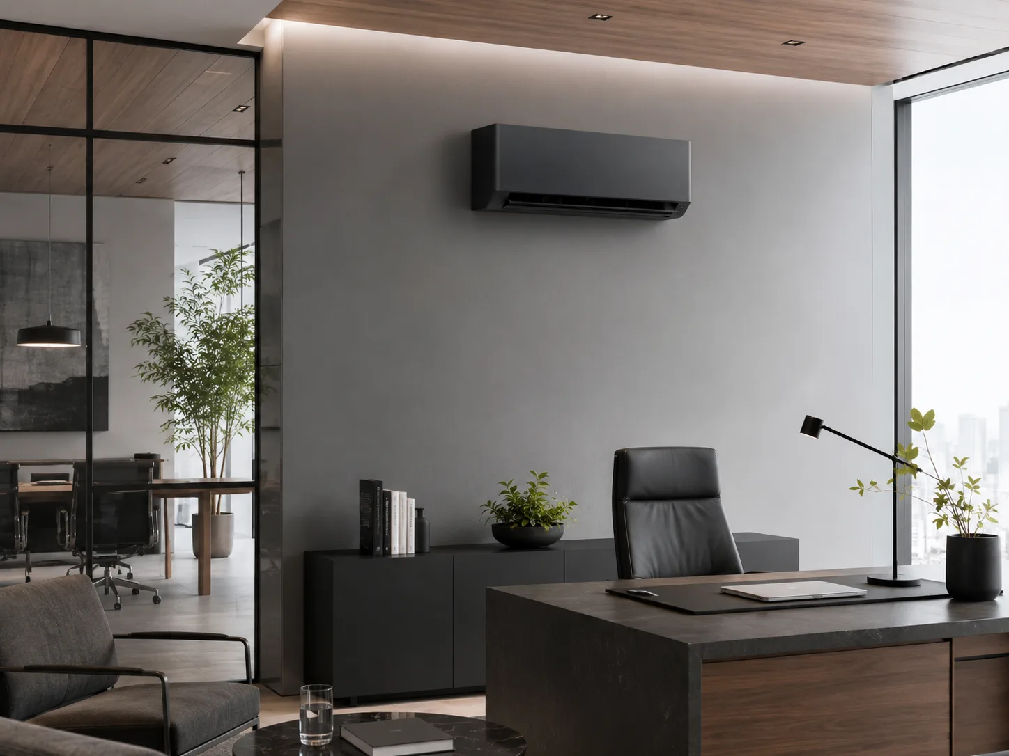 Sleek black wall-mounted air conditioning unit in a refined executive office with a stone desk