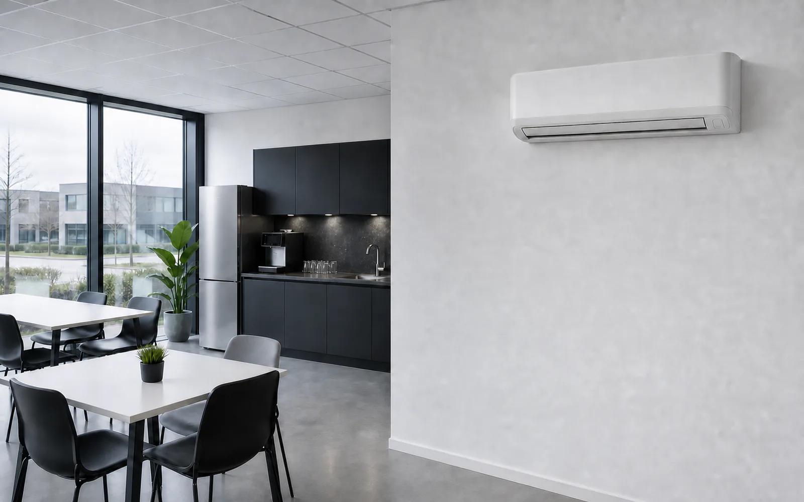 Commercial canteen with a wall-mounted air conditioning unit high on the wall