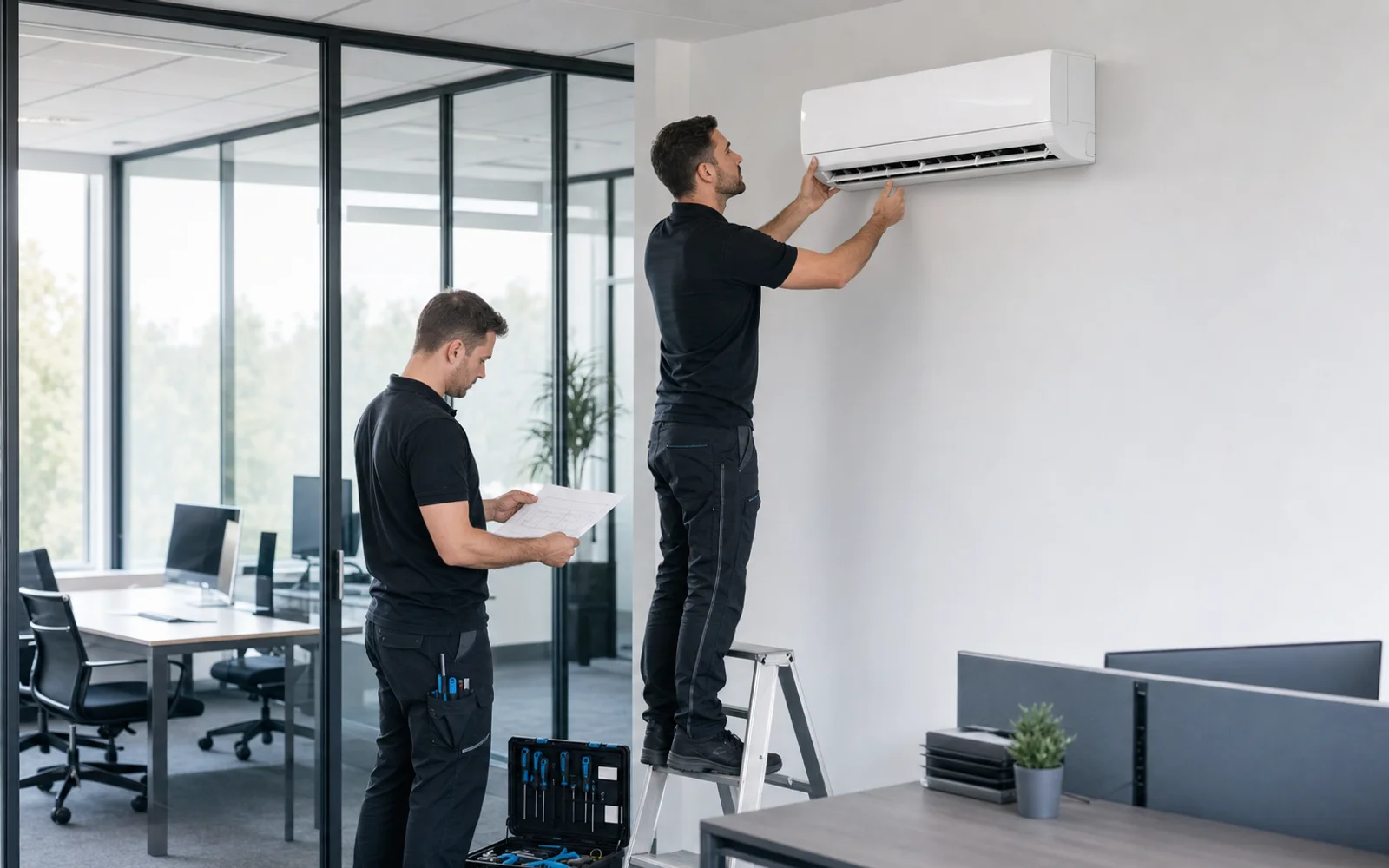 Engineers installing a wall-mounted air conditioning unit in a commercial office