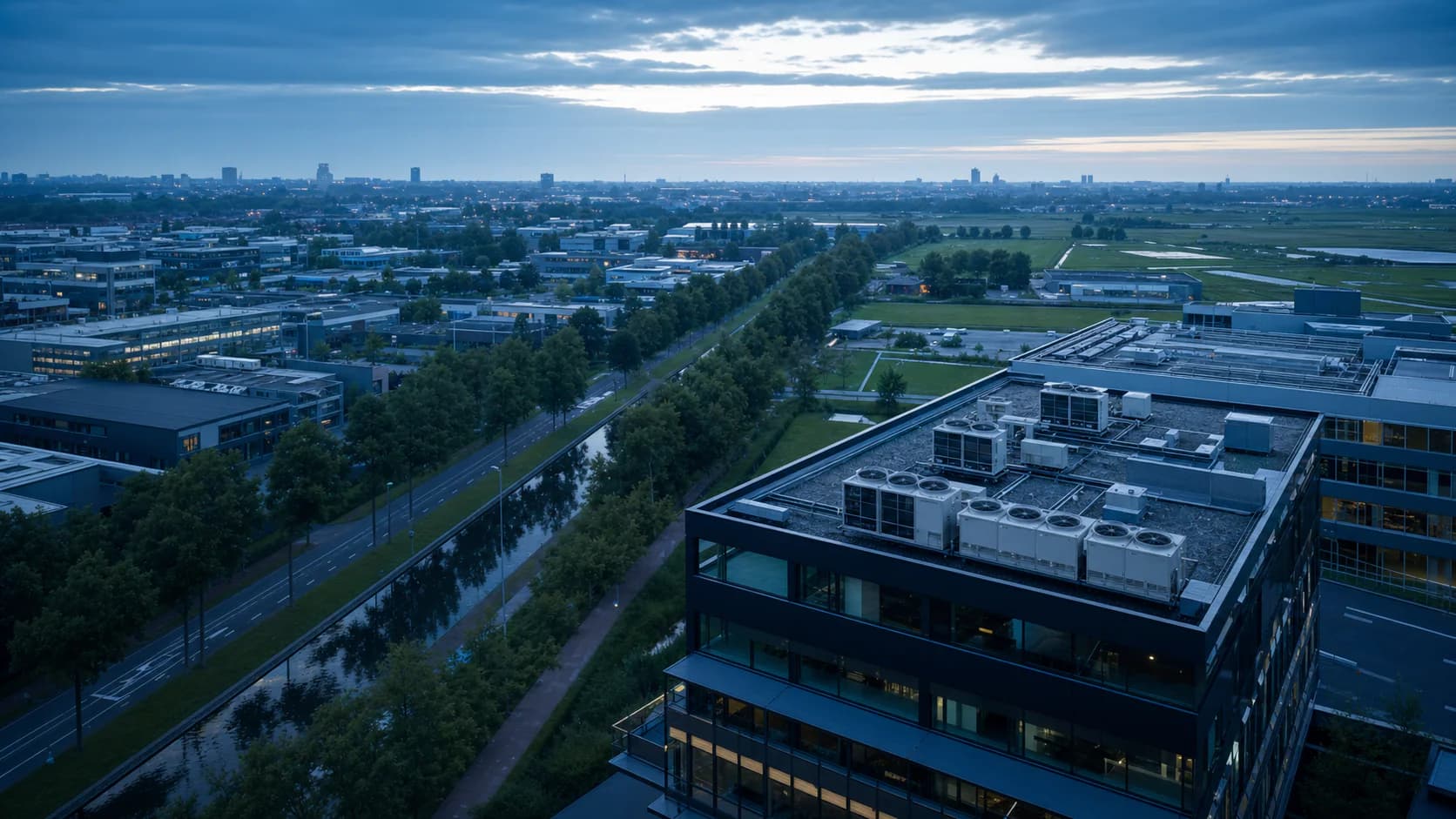 Business district in Zuid-Holland with commercial air-conditioning systems on the roof